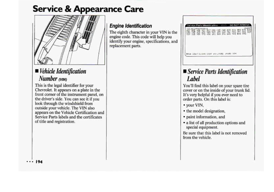 Chevrolet 1994 manual IService Parts Identification Label, Engine ldenfificafion 