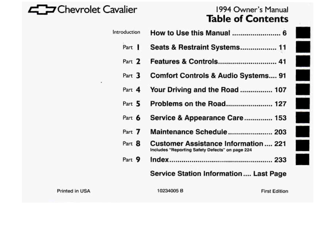 Chevrolet 1994 manual H e v r o l e t Cavalier, Problems on the Road 