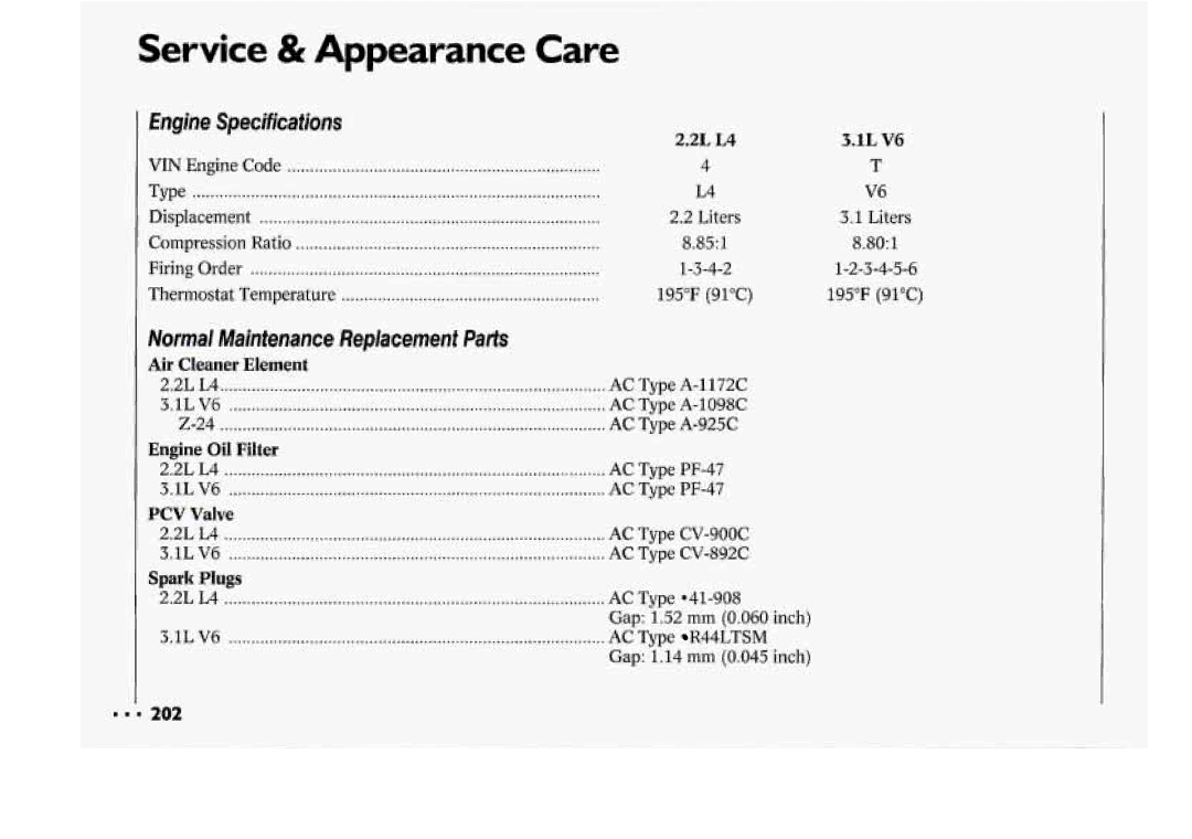 Chevrolet 1994 manual Engine Specifications, Normal Maintenance Replacement Parts, Air Cleaner Element, Engine Oil Filter 