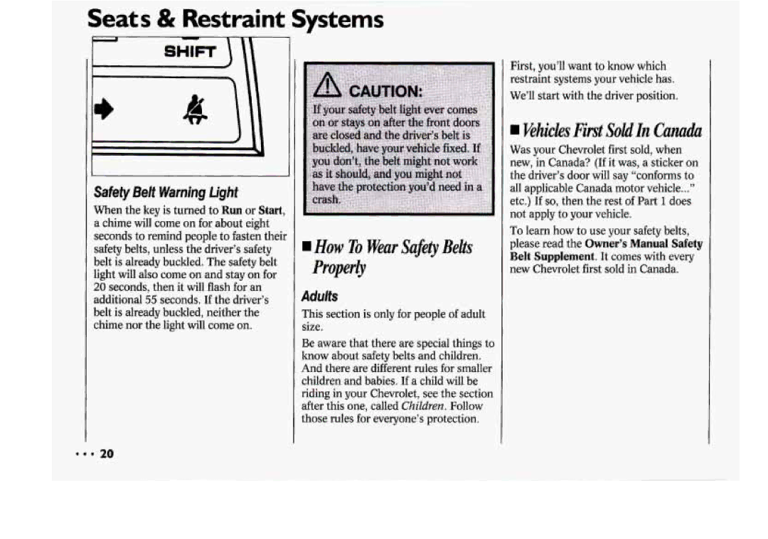 Chevrolet 1994 manual Seats & Restraint Systc, Safety Belt Warninglight, Adults 