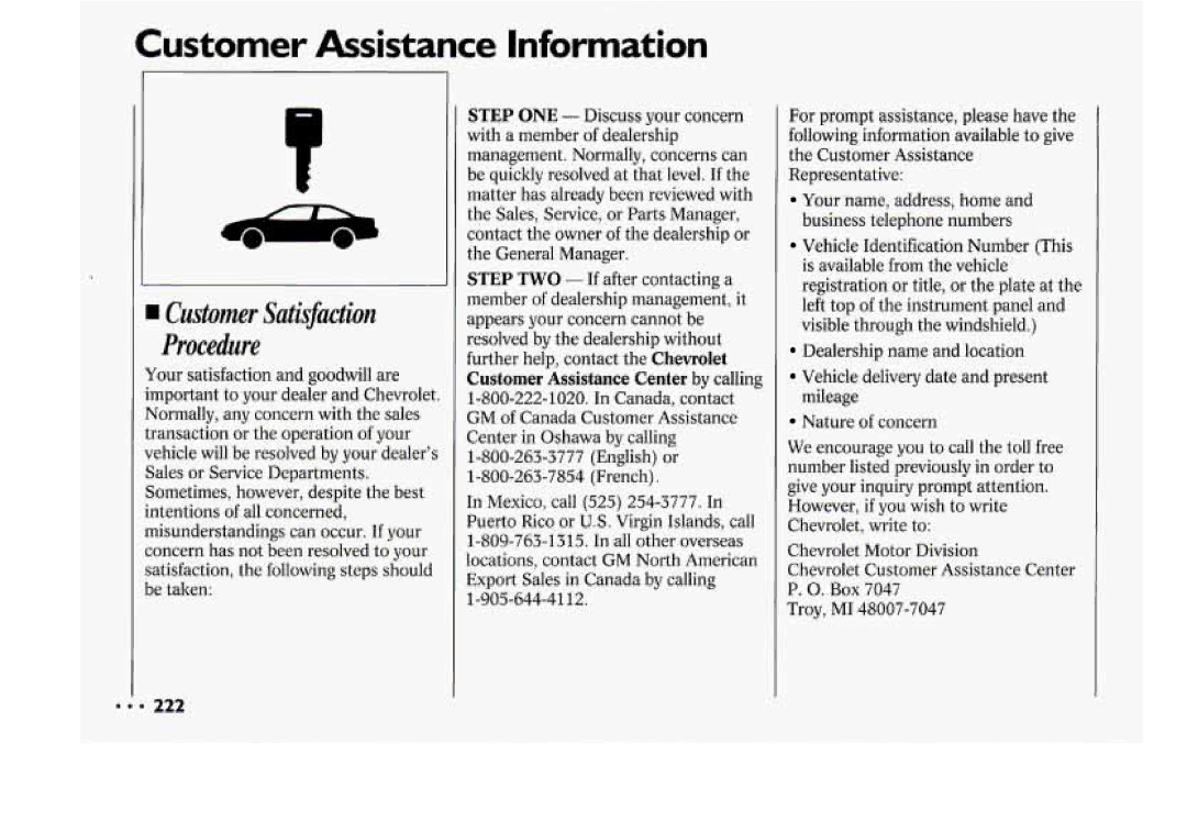 Chevrolet 1994 manual Customer Sati#action 