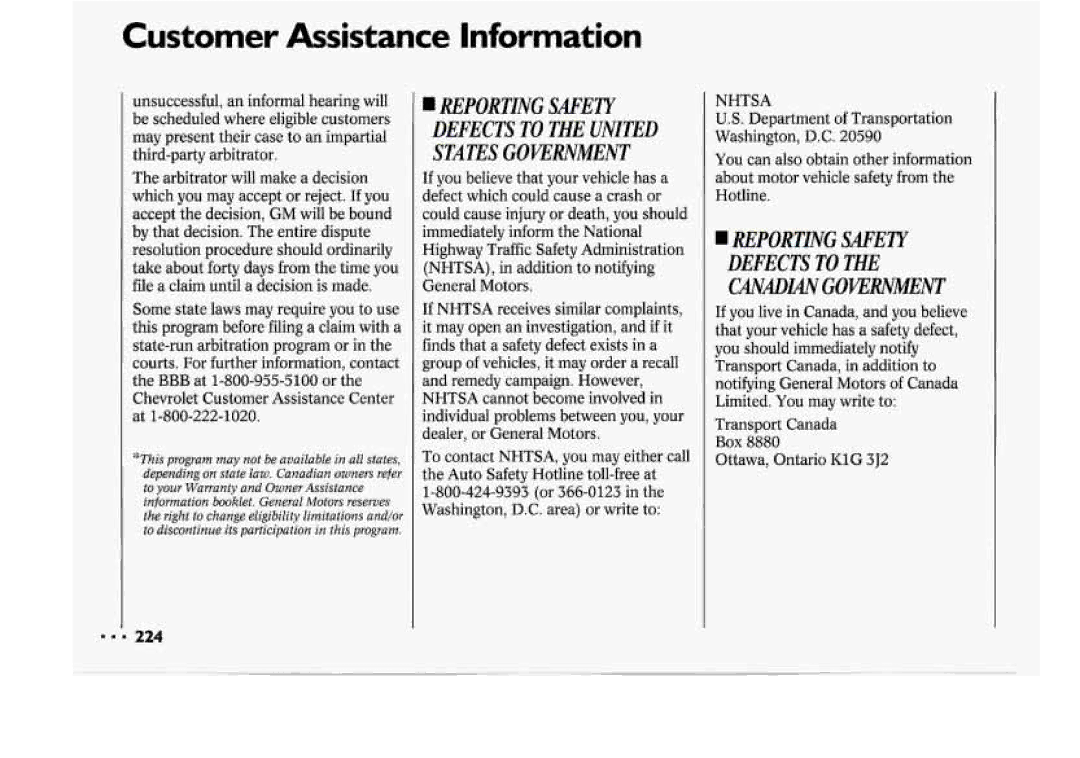 Chevrolet 1994 manual Reporting Safety Defects to the United States Goveient, Ottawa, Ontario K1G 3J2 