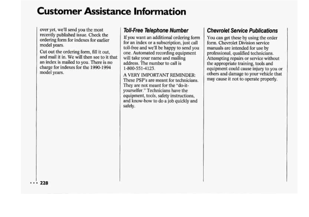 Chevrolet 1994 manual Toll-FreeTelephoneNumber, Chevrolet Senrr’cePublications 