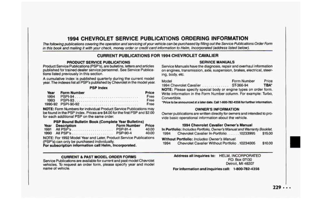 Chevrolet 1994 manual Chevrolet Service Publications Ordering Information 