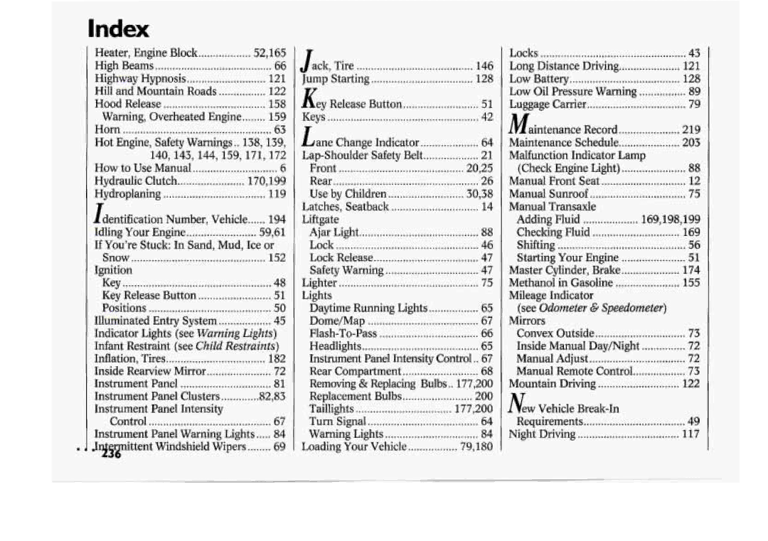 Chevrolet 1994 Jack, Y Release Button, 158, Hot Engine. Safety Warnings, 203, 140.143.144.159.171, 3038, Ajar, 169 