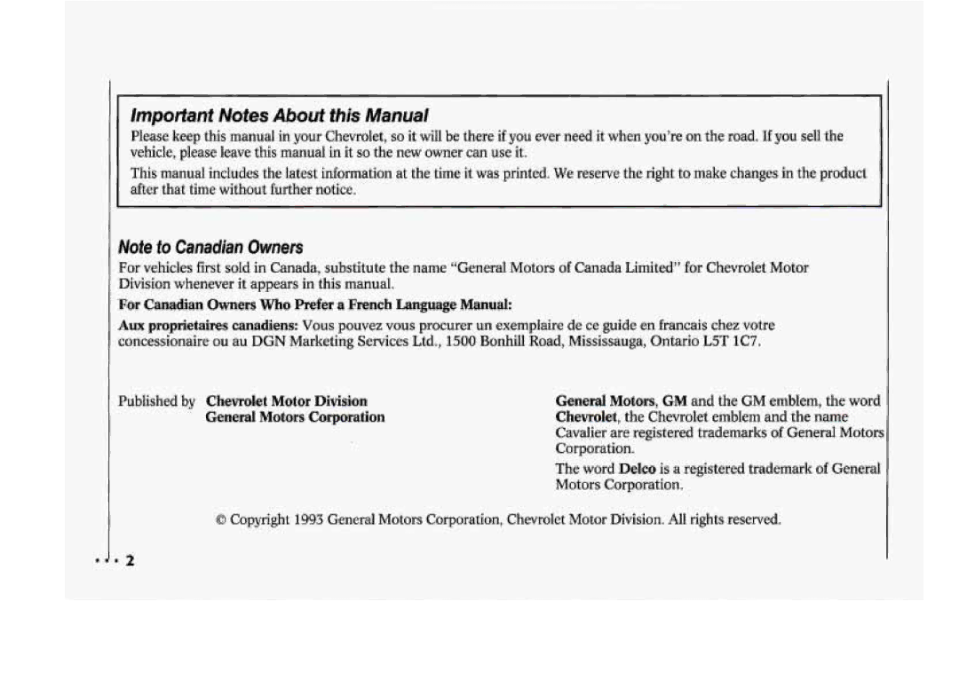 Chevrolet 1994 manual Important Notes About this Manual, Voteto Canadian Owners, General Motors Corporation 