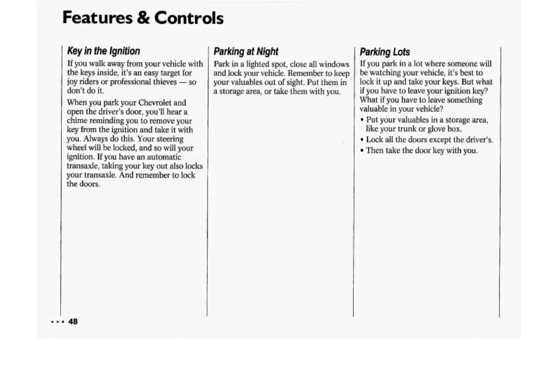 Chevrolet 1994 manual Key in the rgnition, Parking Lots 