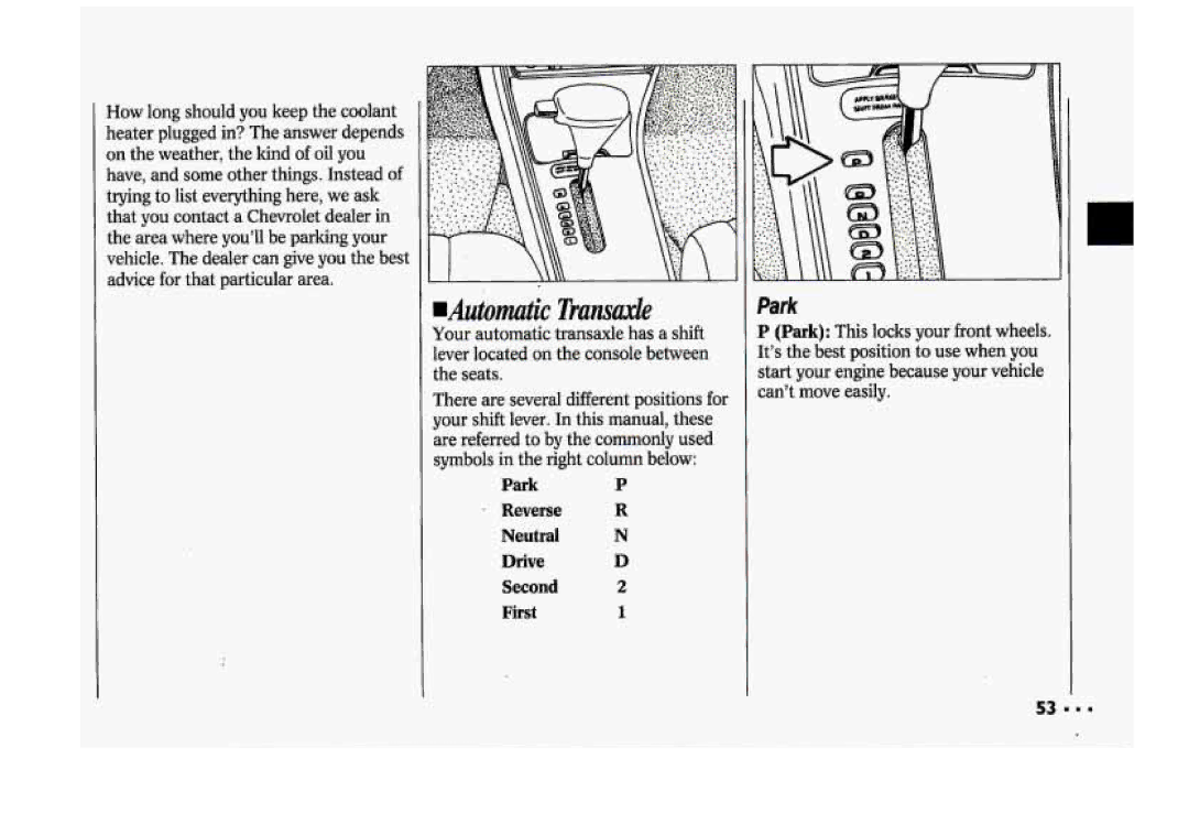 Chevrolet 1994 manual Park, Reverse Neutral Drive Second 