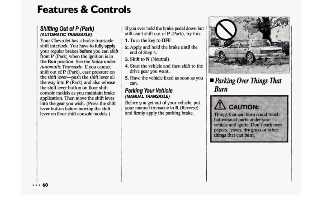 Chevrolet 1994 manual Parking Over Things That Burn, Shifting Out of P Park, Parking Your Vehicle 