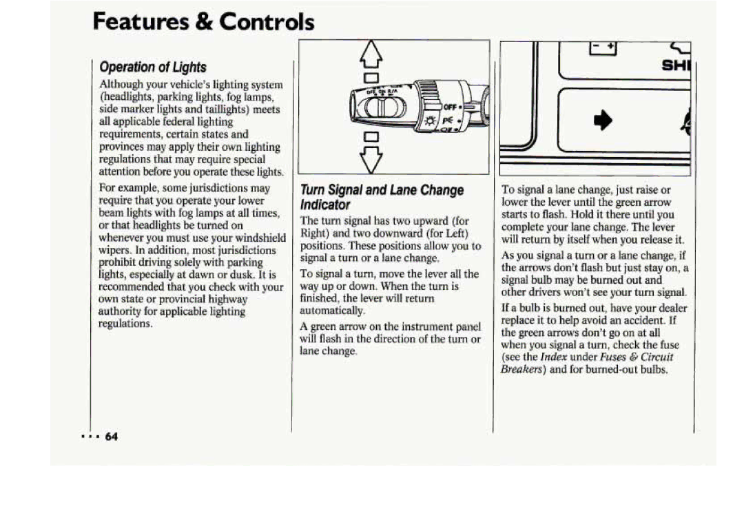 Chevrolet 1994 manual Operation of Lights, Turn Signal and Lane Change Indicator 