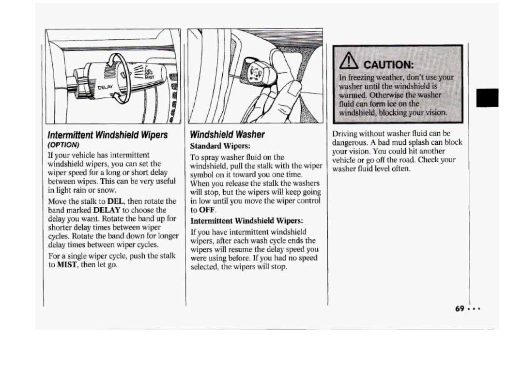 Chevrolet 1994 manual 1Windshield Washer, TIStandard Wipers, 1to OFF Intermittent Windshield Wipers 