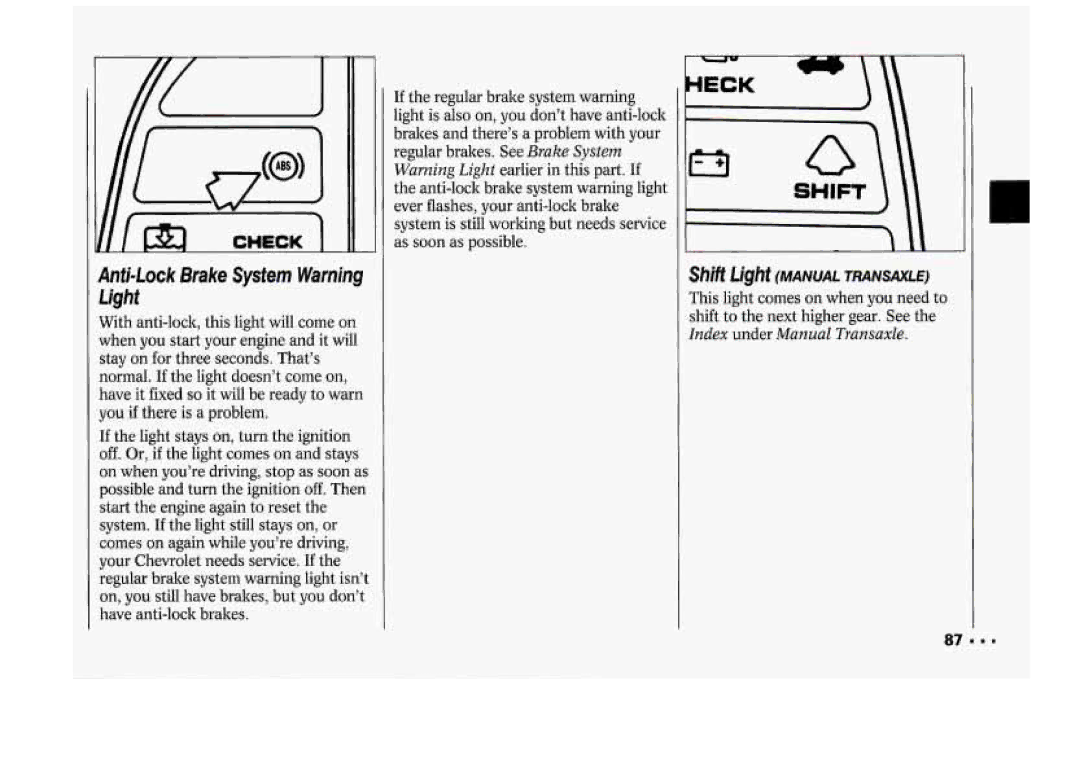 Chevrolet 1994 manual Anti-Lock Brake System Warning Light, Shift LightMANUAL Transaxle 