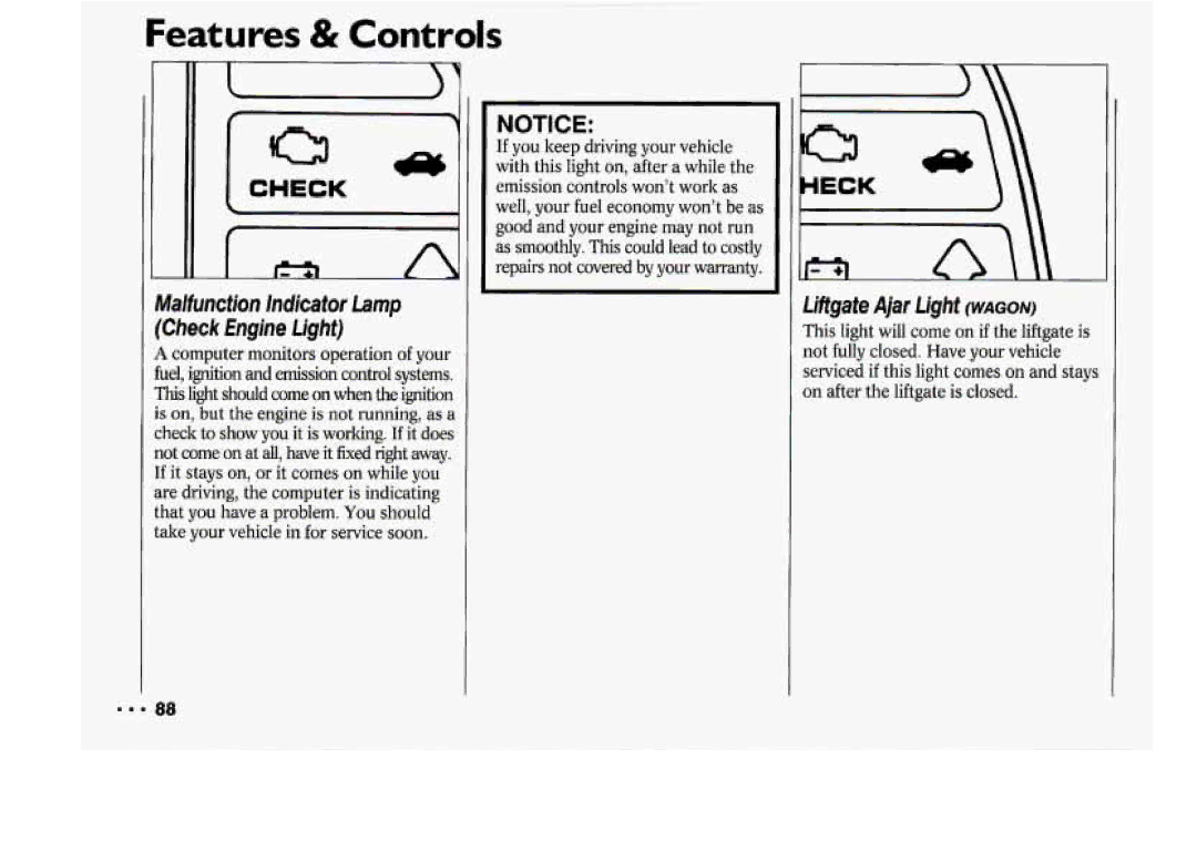 Chevrolet 1994 manual Liftgate Ajar LightWAGON, Malfunction lndicatorLamp Check Engine Light 