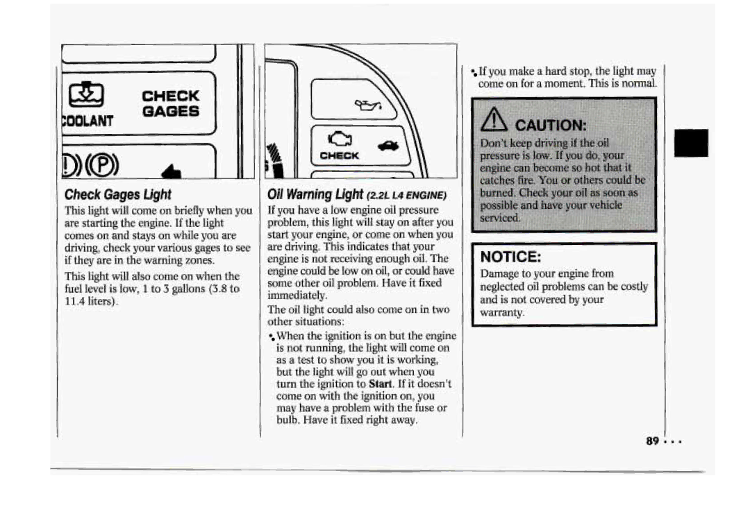 Chevrolet 1994 manual Check GagesLight, Oil Warning Light 2.2~~4ENGINE, Liters 