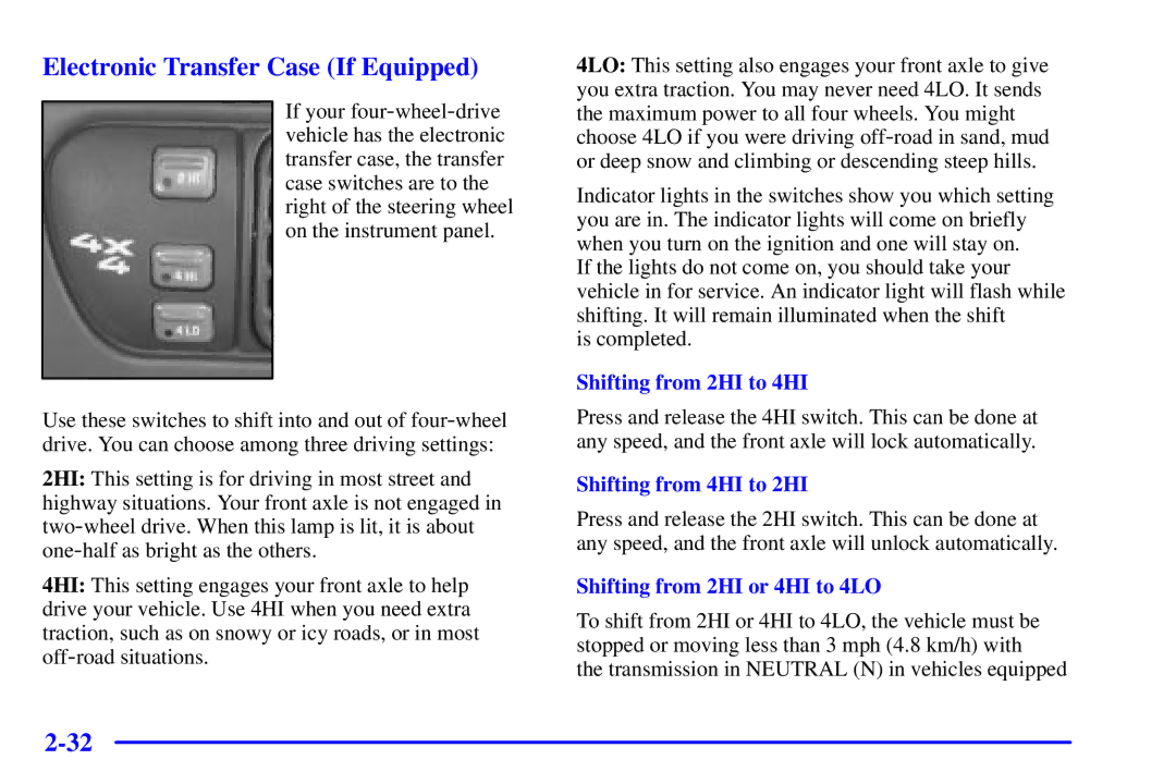 Chevrolet 2001 manual Electronic Transfer Case If Equipped, Shifting from 2HI to 4HI, Shifting from 4HI to 2HI 