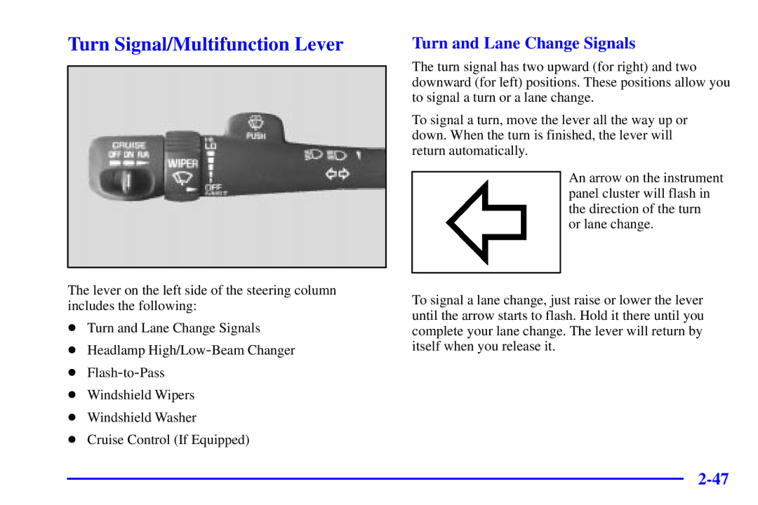 Chevrolet 2001 manual Turn Signal/Multifunction Lever, Turn and Lane Change Signals 