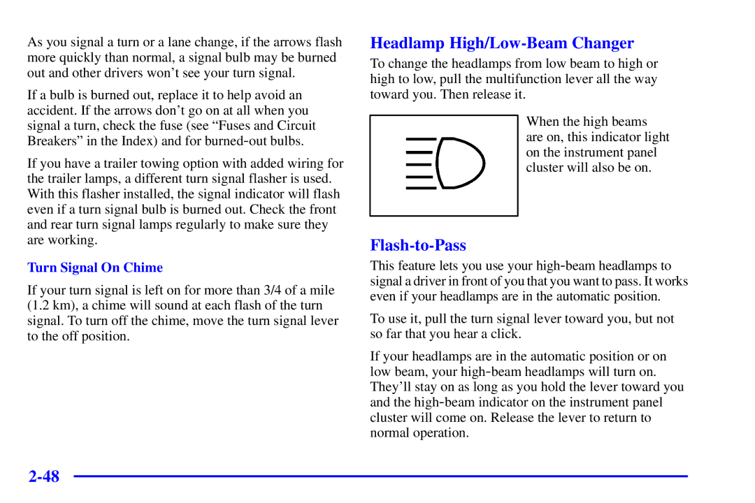 Chevrolet 2001 manual Headlamp High/Low-Beam Changer, Flash-to-Pass, Turn Signal On Chime 