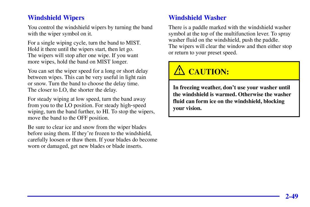 Chevrolet 2001 manual Windshield Wipers, Windshield Washer 