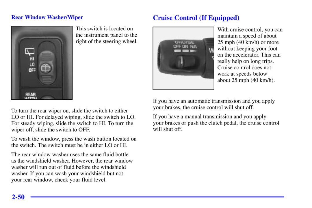 Chevrolet 2001 manual Cruise Control If Equipped, Rear Window Washer/Wiper 