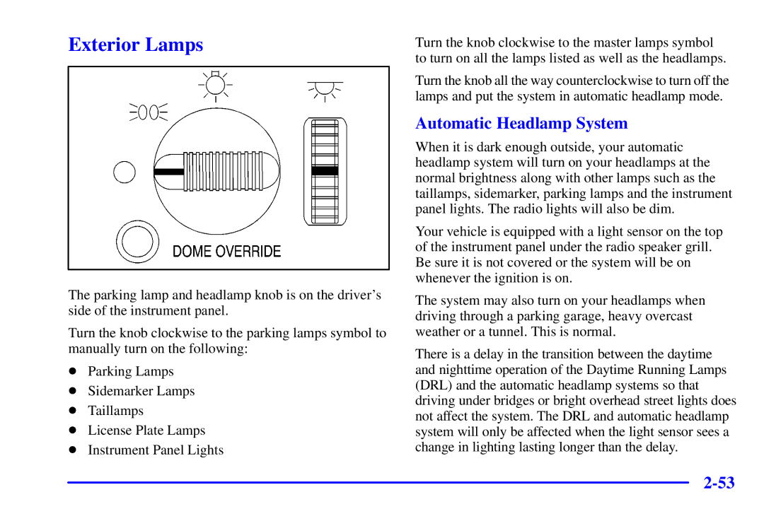 Chevrolet 2001 manual Exterior Lamps, Automatic Headlamp System 