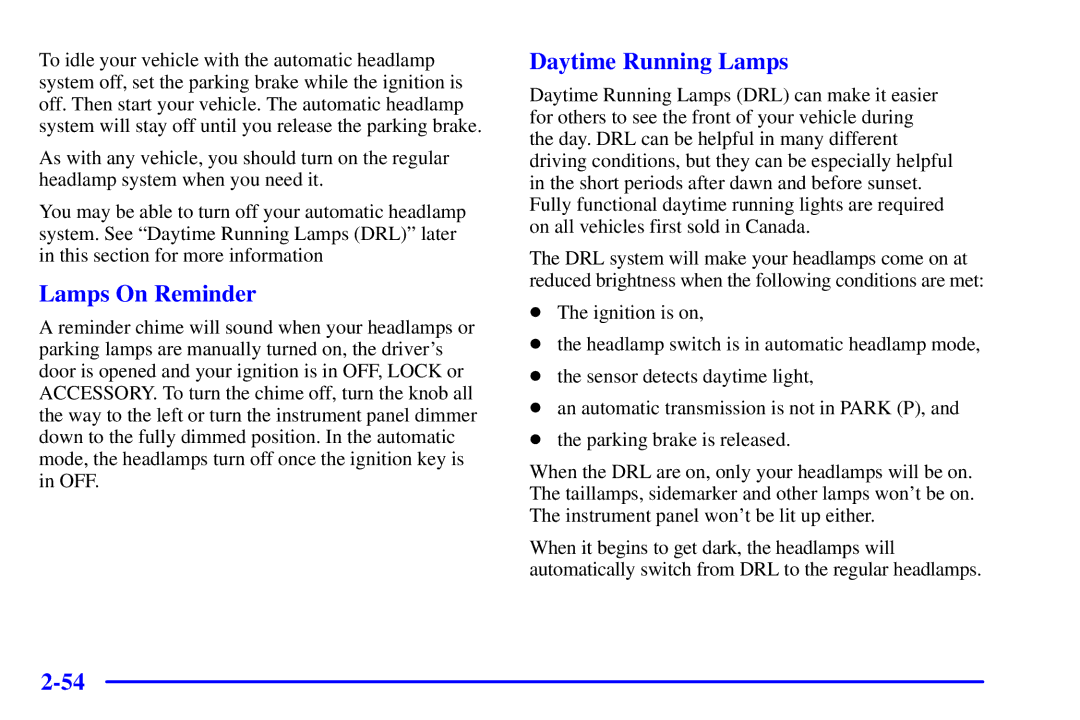 Chevrolet 2001 manual Lamps On Reminder, Daytime Running Lamps 