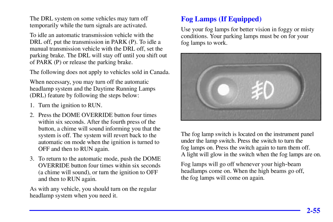 Chevrolet 2001 manual Fog Lamps If Equipped 