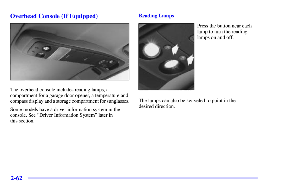 Chevrolet 2001 manual Overhead Console If Equipped, Reading Lamps 