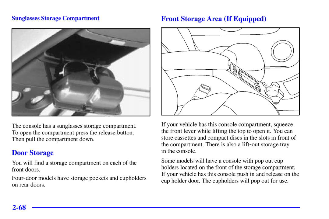 Chevrolet 2001 manual Front Storage Area If Equipped, Door Storage, Sunglasses Storage Compartment 