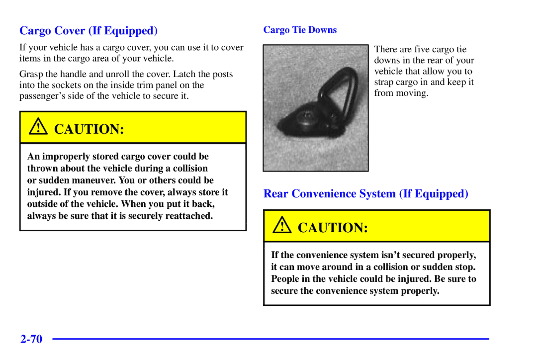 Chevrolet 2001 manual Cargo Cover If Equipped, Rear Convenience System If Equipped, Cargo Tie Downs 
