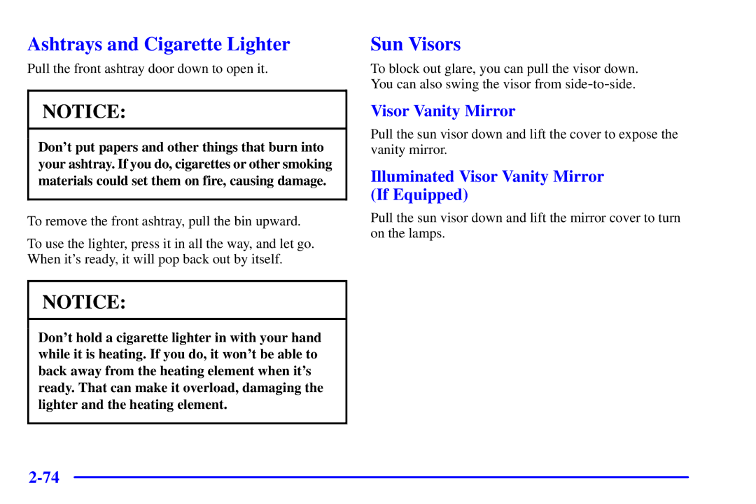 Chevrolet 2001 manual Ashtrays and Cigarette Lighter, Sun Visors, Visor Vanity Mirror 