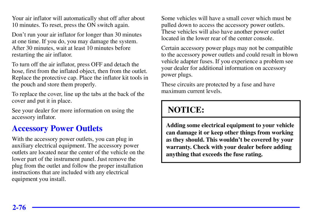 Chevrolet 2001 manual Accessory Power Outlets 