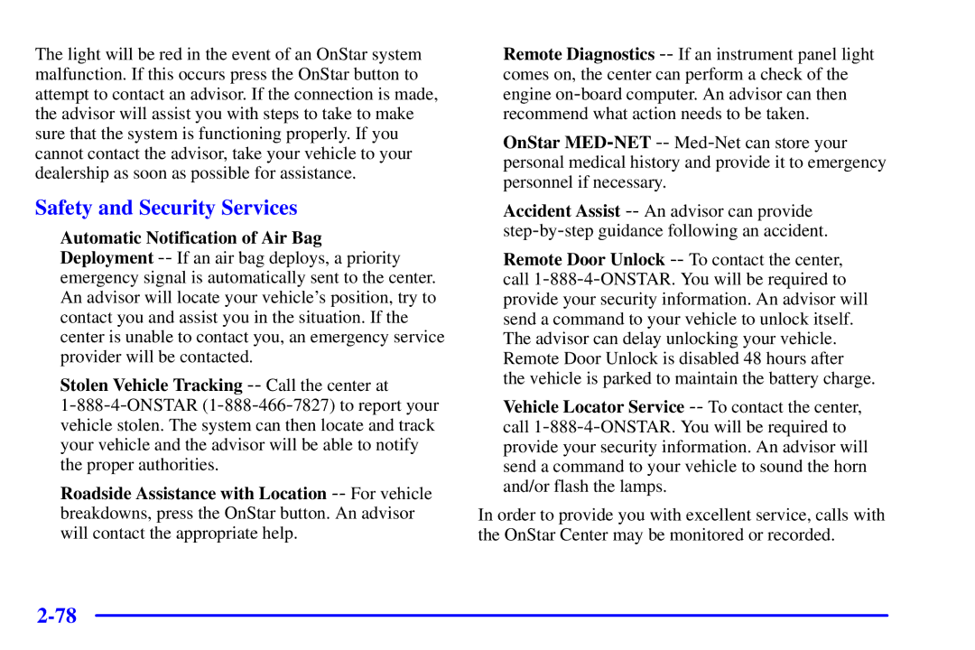 Chevrolet 2001 manual Safety and Security Services 