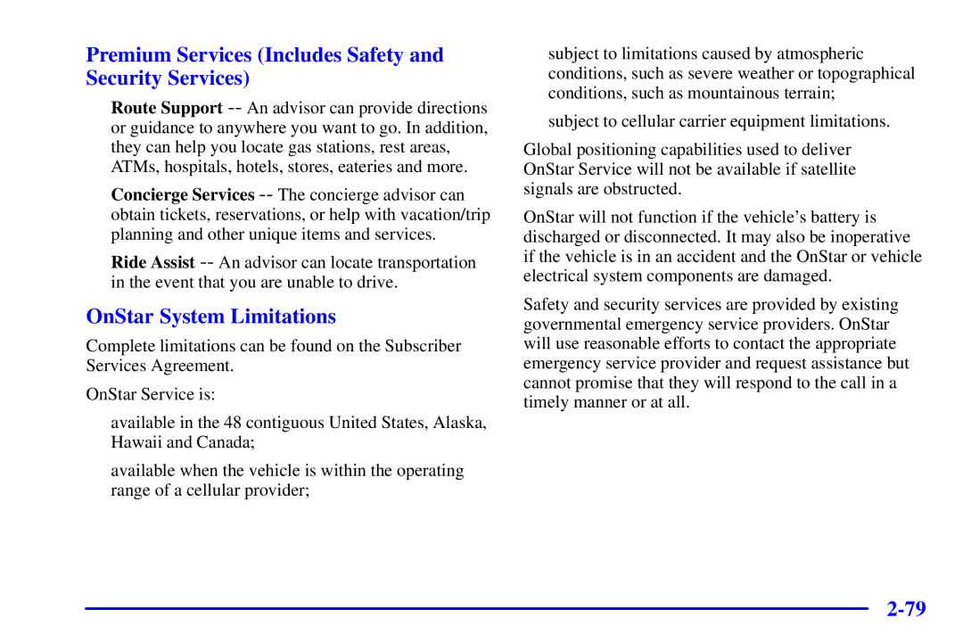 Chevrolet 2001 manual Premium Services Includes Safety and Security Services, OnStar System Limitations 