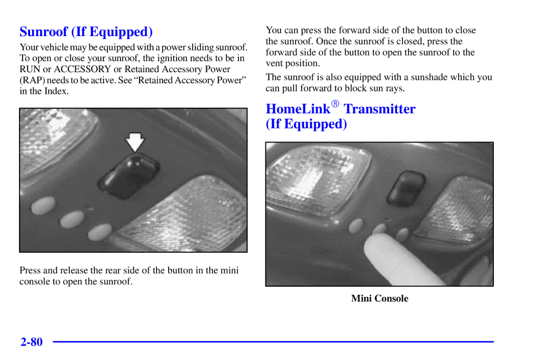 Chevrolet 2001 manual Sunroof If Equipped, HomeLinkR Transmitter If Equipped 