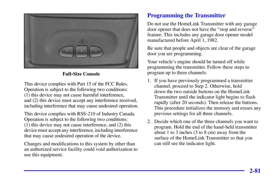 Chevrolet 2001 manual Programming the Transmitter, Full-Size Console 