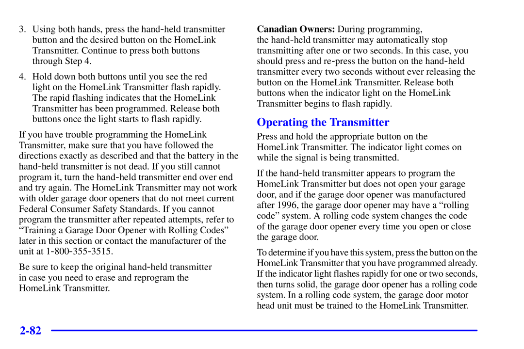 Chevrolet 2001 manual Operating the Transmitter 