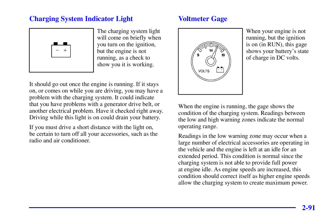 Chevrolet 2001 manual Charging System Indicator Light, Voltmeter Gage 