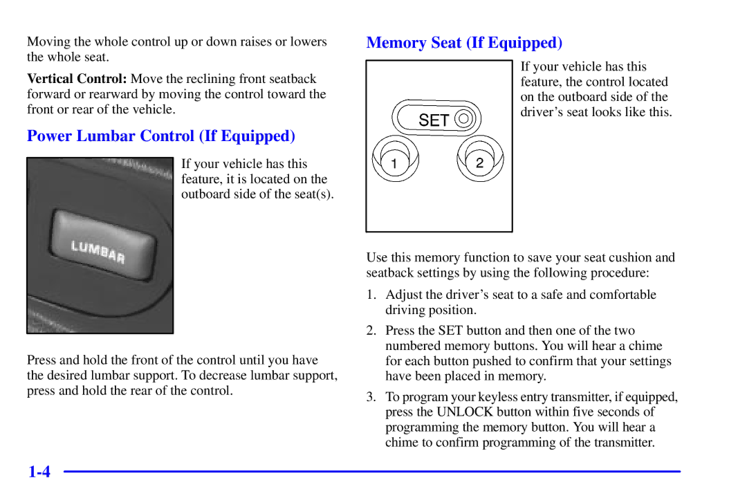 Chevrolet 2001 manual Power Lumbar Control If Equipped, Memory Seat If Equipped 