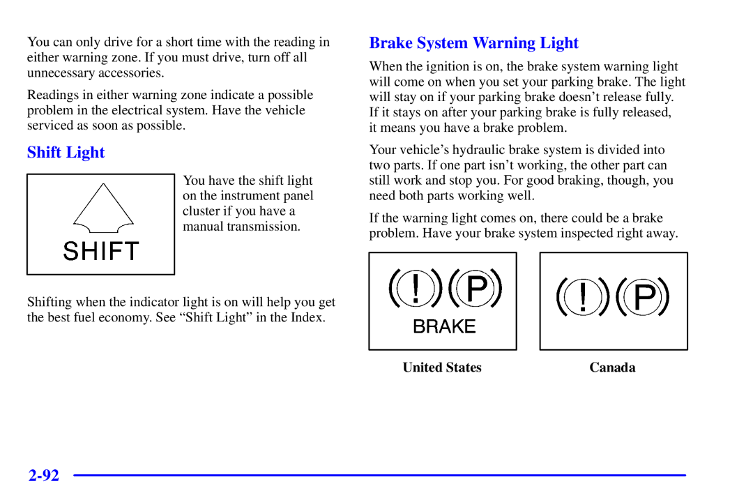 Chevrolet 2001 manual Shift Light, Brake System Warning Light 