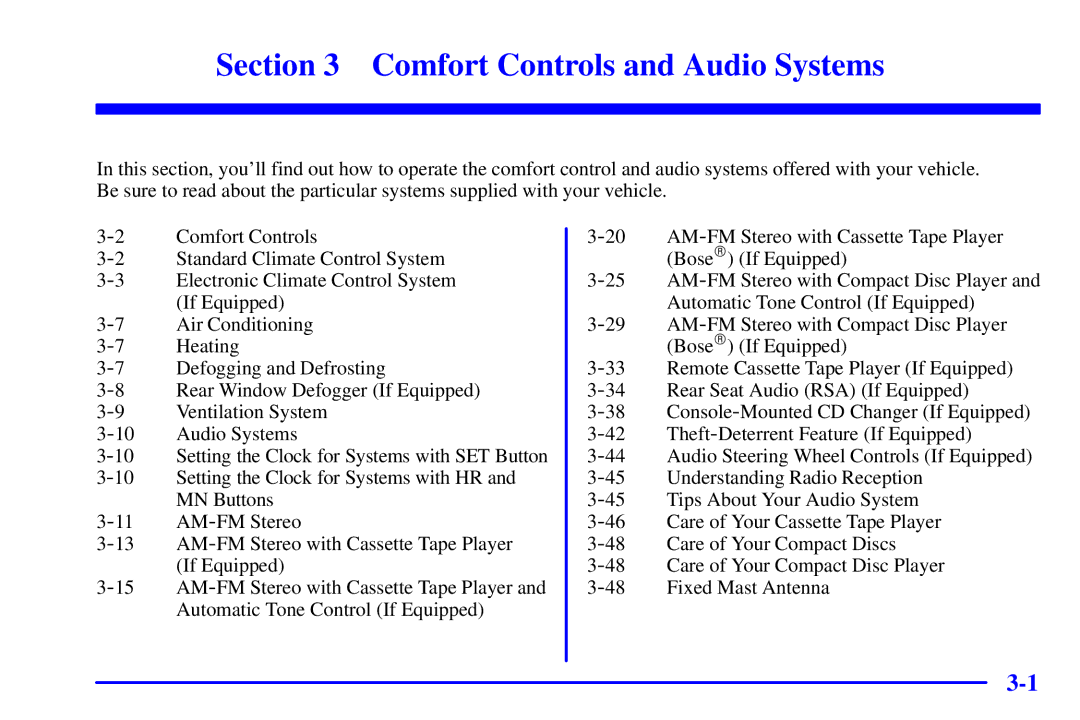 Chevrolet 2001 manual Comfort Controls and Audio Systems 