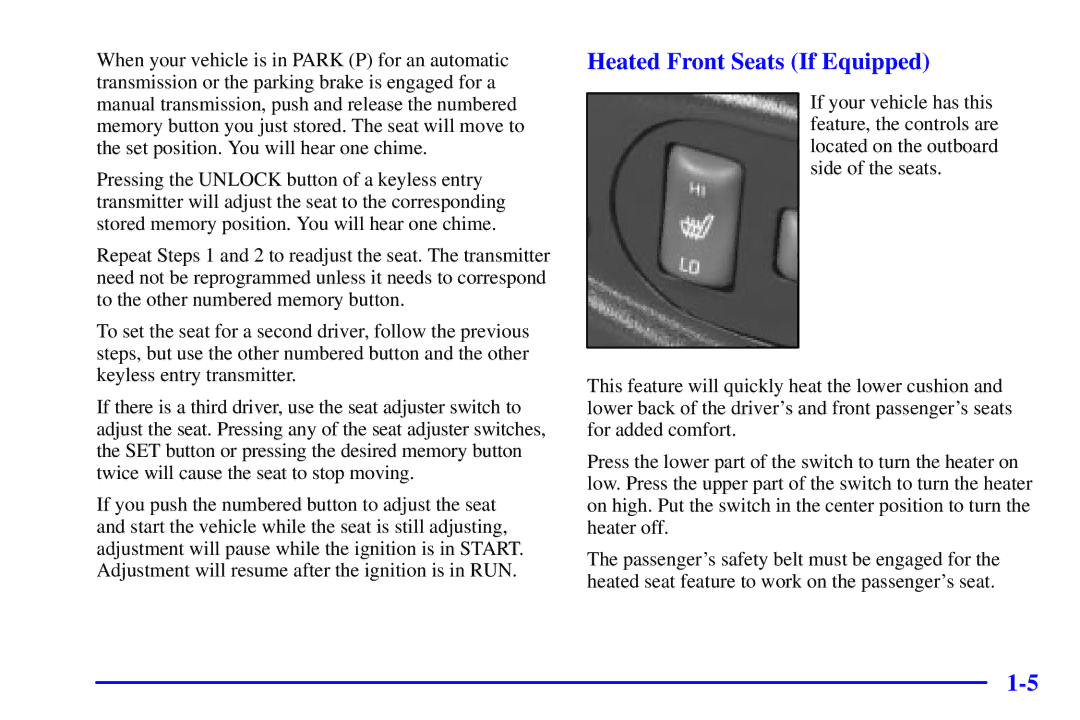 Chevrolet 2001 manual Heated Front Seats If Equipped 