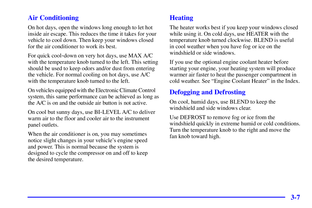 Chevrolet 2001 manual Air Conditioning, Heating, Defogging and Defrosting 