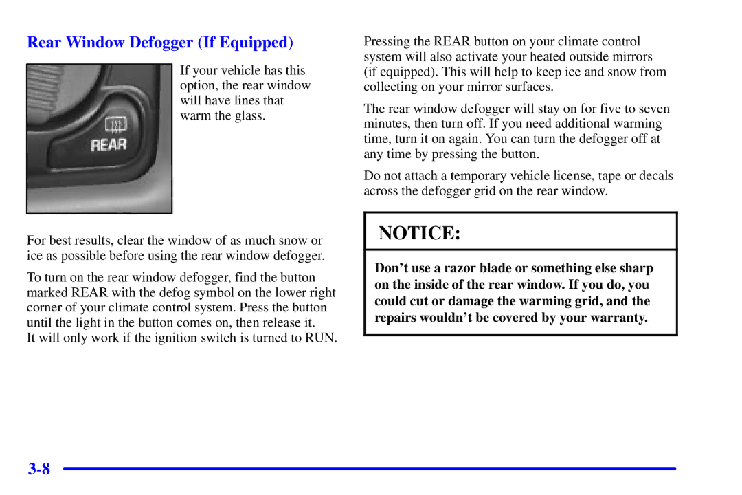 Chevrolet 2001 manual Rear Window Defogger If Equipped 