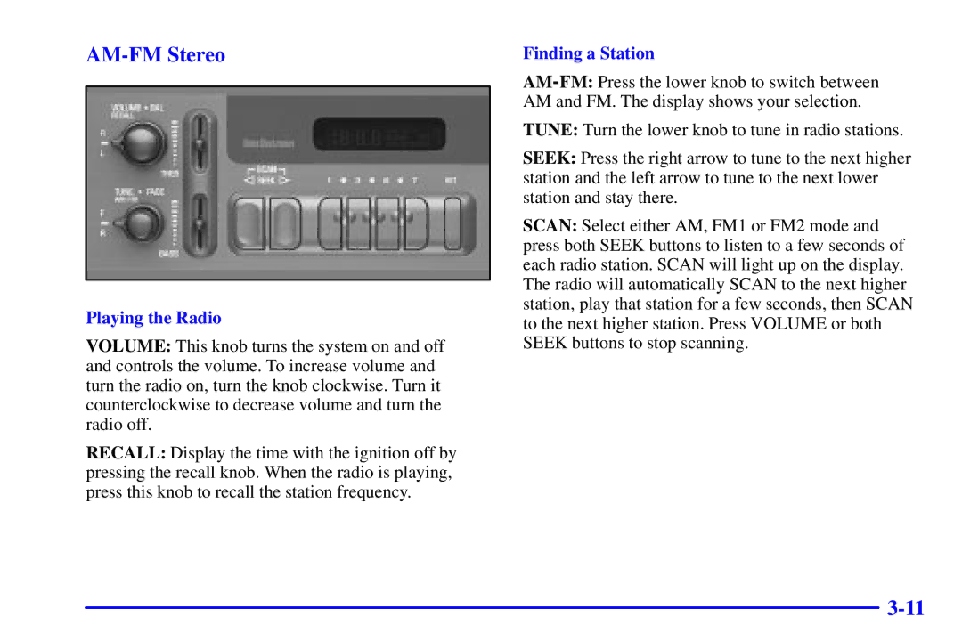 Chevrolet 2001 manual AM-FM Stereo, Playing the Radio, Finding a Station 