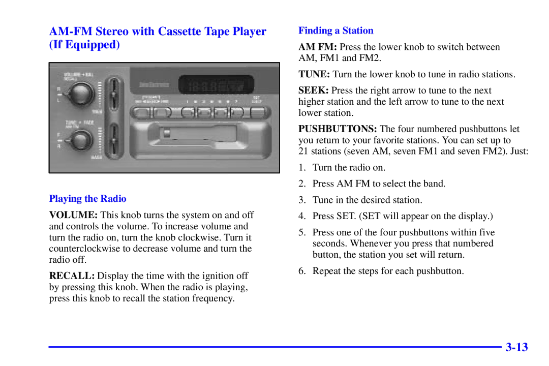 Chevrolet 2001 manual AM-FM Stereo with Cassette Tape Player If Equipped 