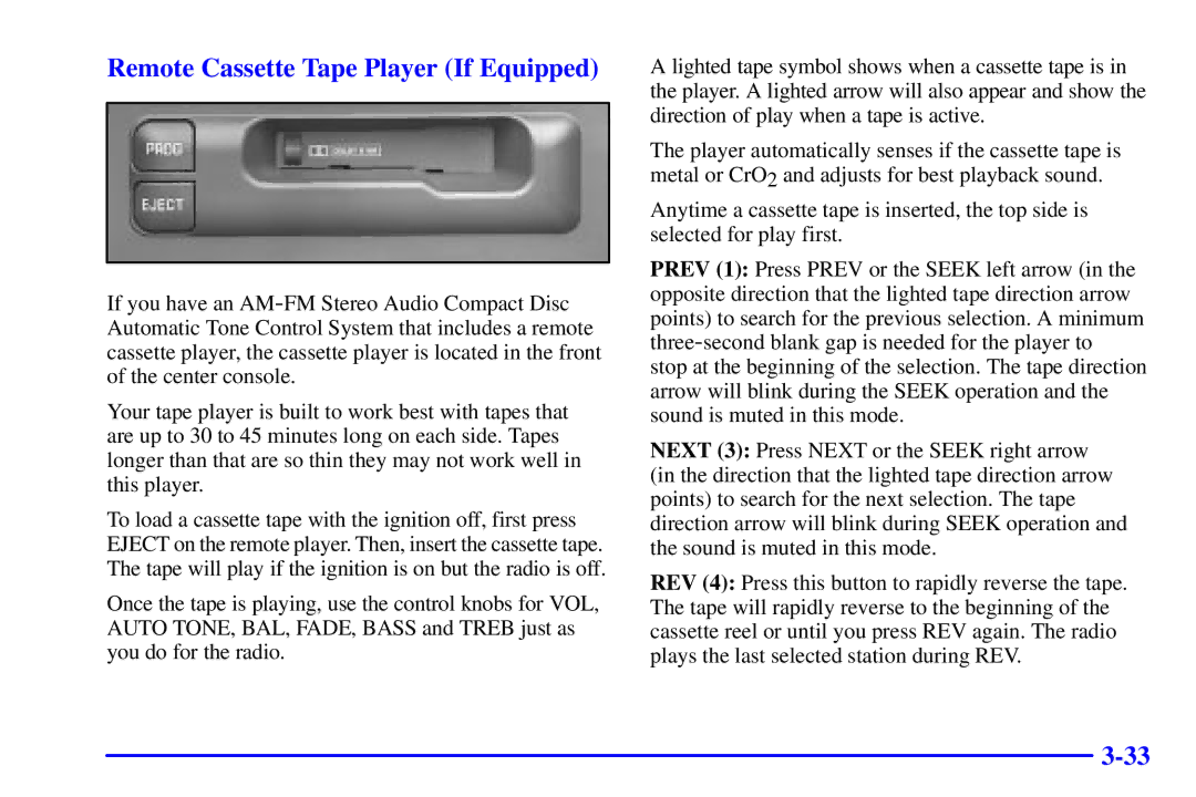 Chevrolet 2001 manual Remote Cassette Tape Player If Equipped 