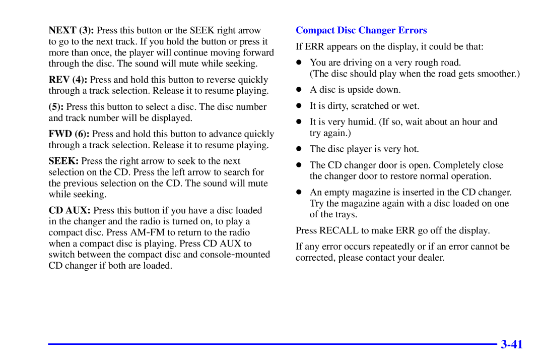 Chevrolet 2001 manual Compact Disc Changer Errors 