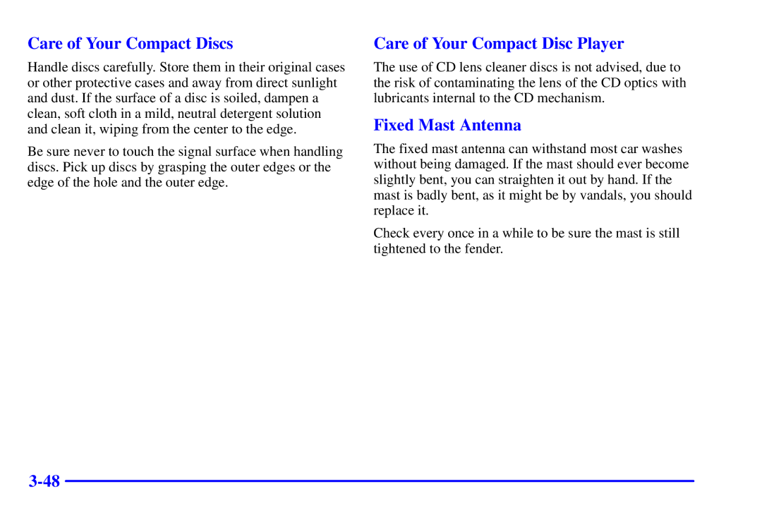 Chevrolet 2001 manual Care of Your Compact Discs, Care of Your Compact Disc Player, Fixed Mast Antenna 