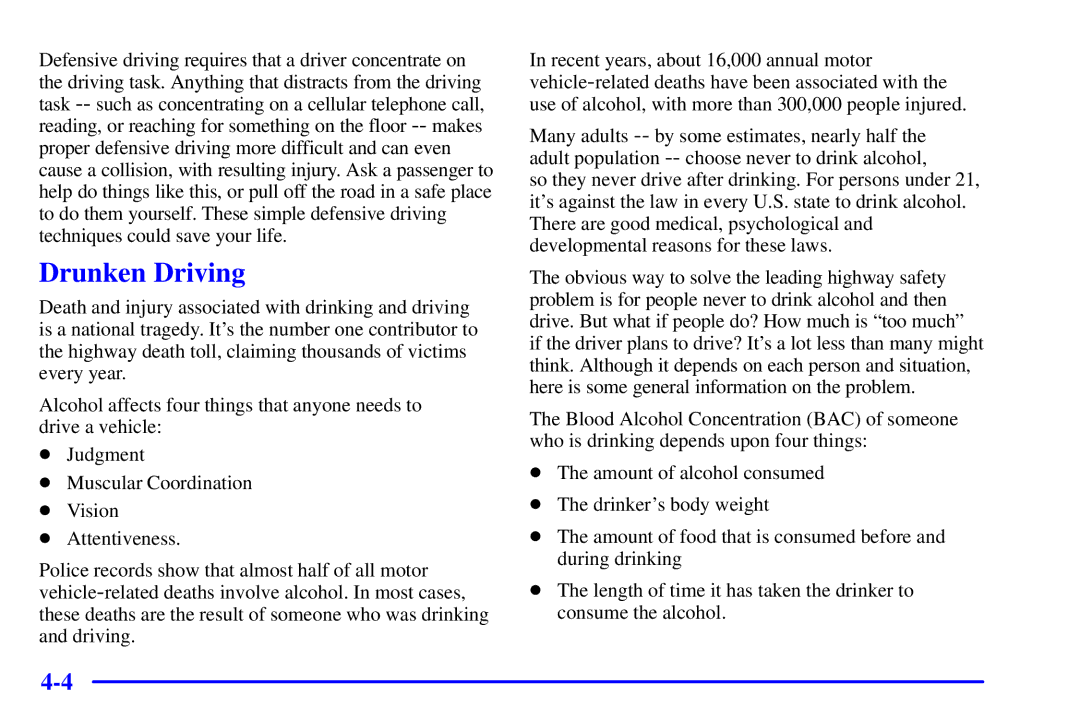 Chevrolet 2001 manual Drunken Driving 