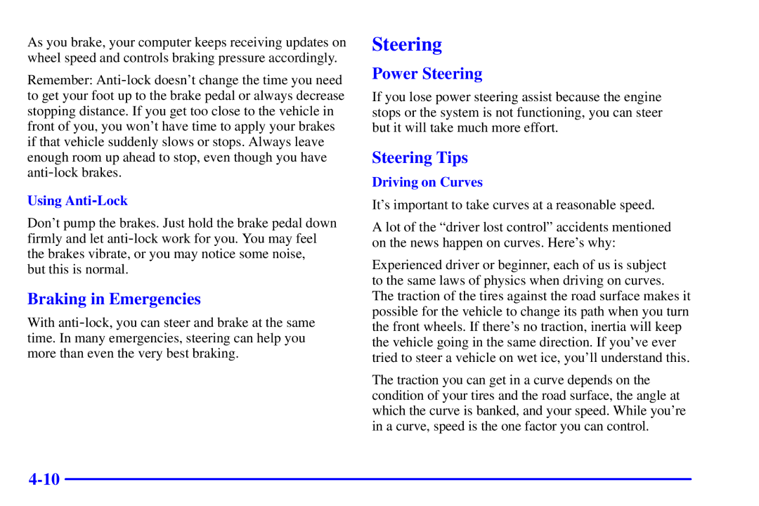 Chevrolet 2001 manual Braking in Emergencies, Power Steering, Steering Tips 